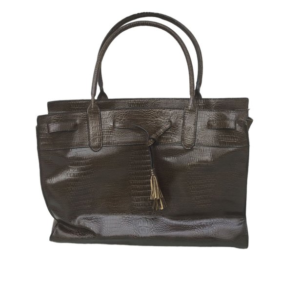 Bueno Brown Croc Embossed Top Handle Divided Tassel Detail Shoulder Bag - Picture 1 of 11